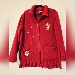 Vtg 90's Disney Store Large Winnie The Pooh Snowflake Fleece Fringe Hem Jacket